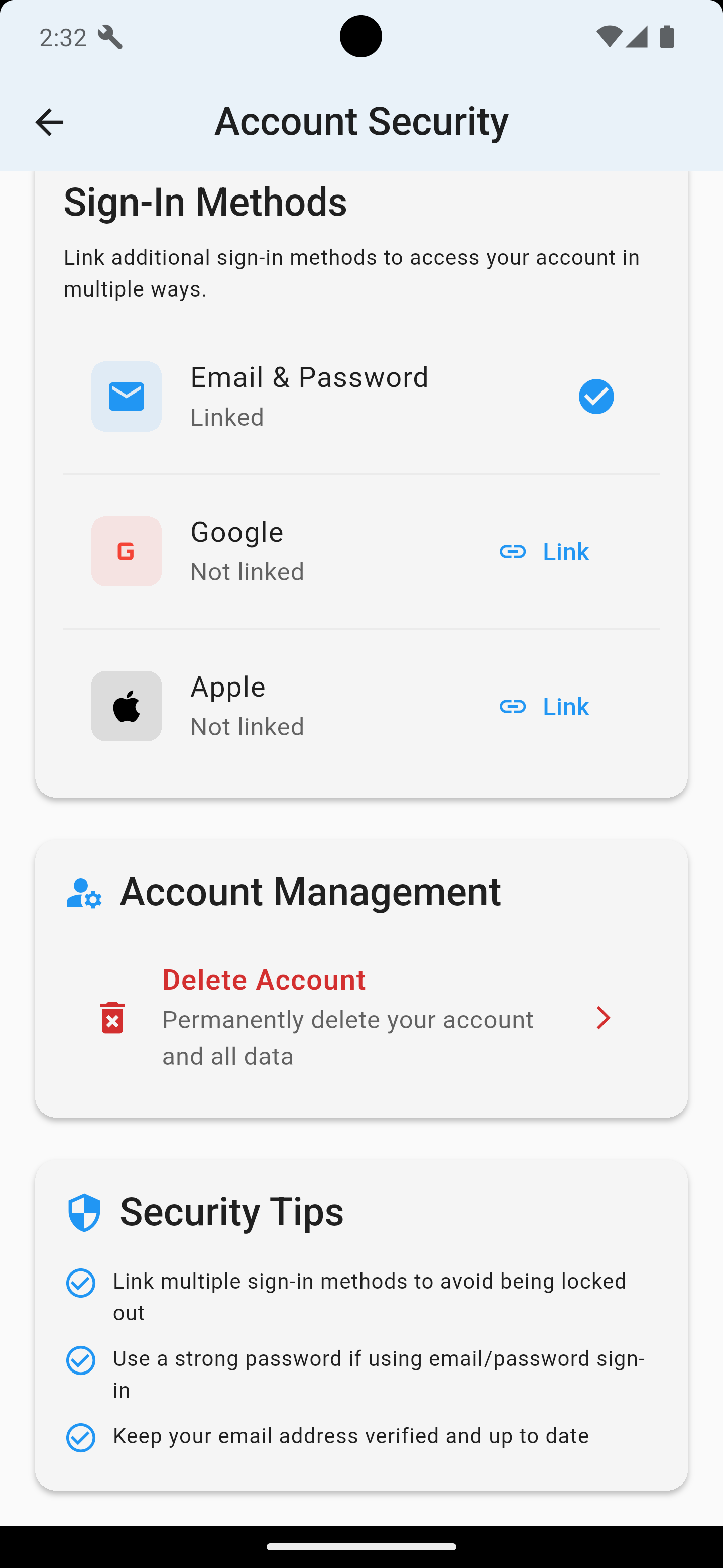Navigate to Account Security and tap Delete Account